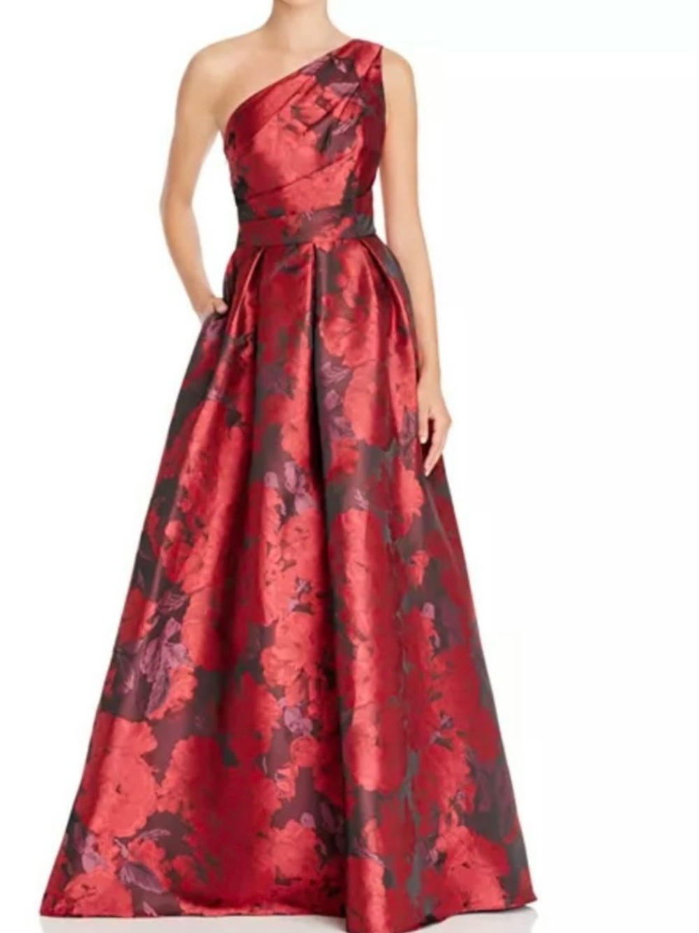 Carmen Marc Valvo One-Shoulder Red and Black Floral Maxi Gown size: 4
